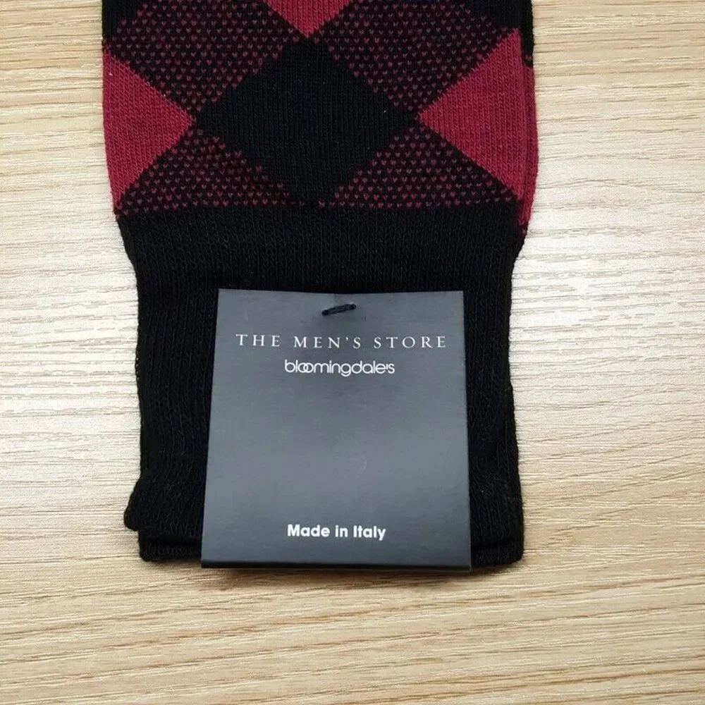 BLOOMINGDALES MENS STORE Black Maroon Argyle Diamond Cotton Crew Socks 10-13